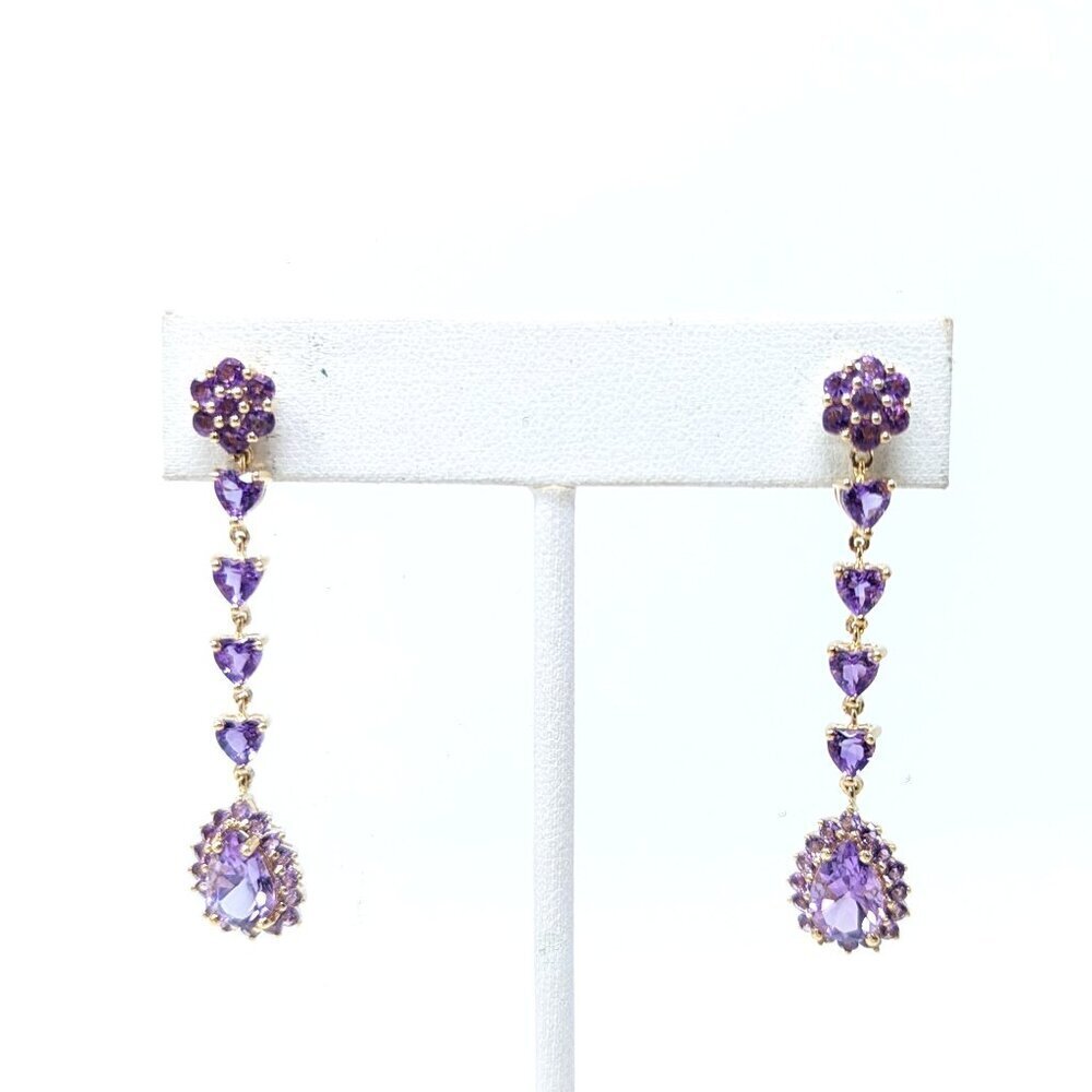 10kt Solid Gold Vintage Amethyst Heart and Pear Shaped Cluster Drop Earrings